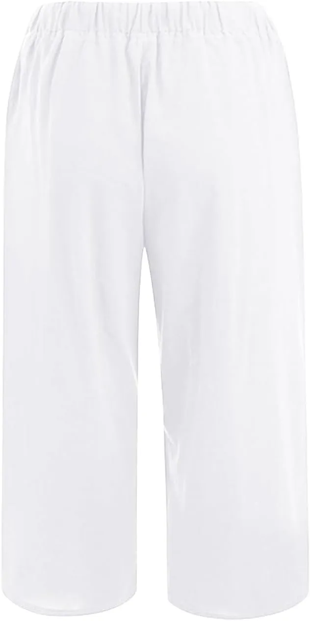 Linen Capri Pants for Women Casual Summer Plus Size Capris Drawstring High Waist Wide Leg Cropped Trouser with Pocket