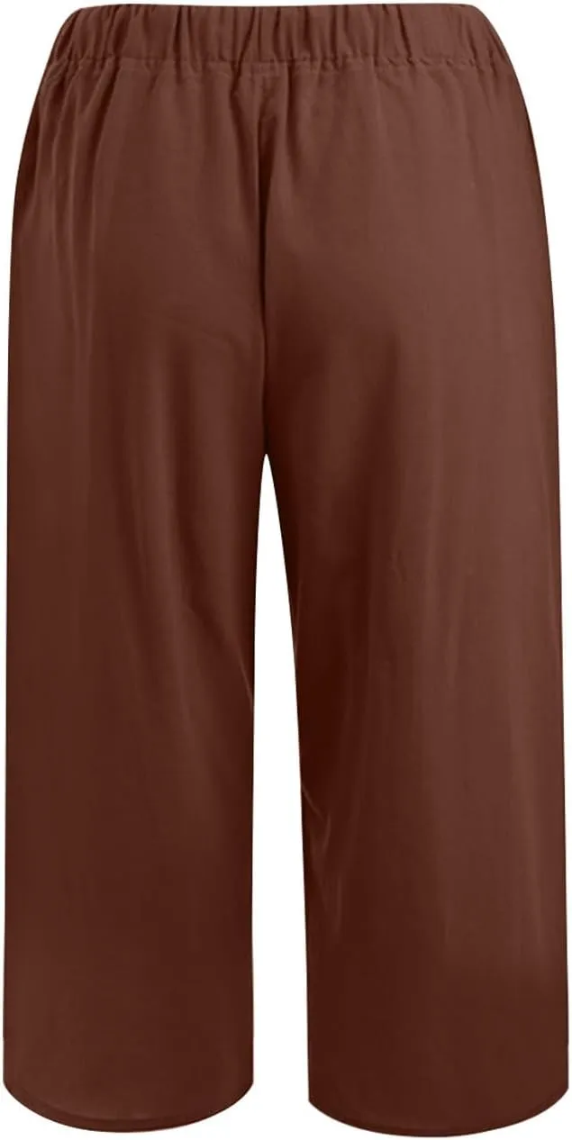 Linen Capri Pants for Women Casual Summer Plus Size Capris Drawstring High Waist Wide Leg Cropped Trouser with Pocket