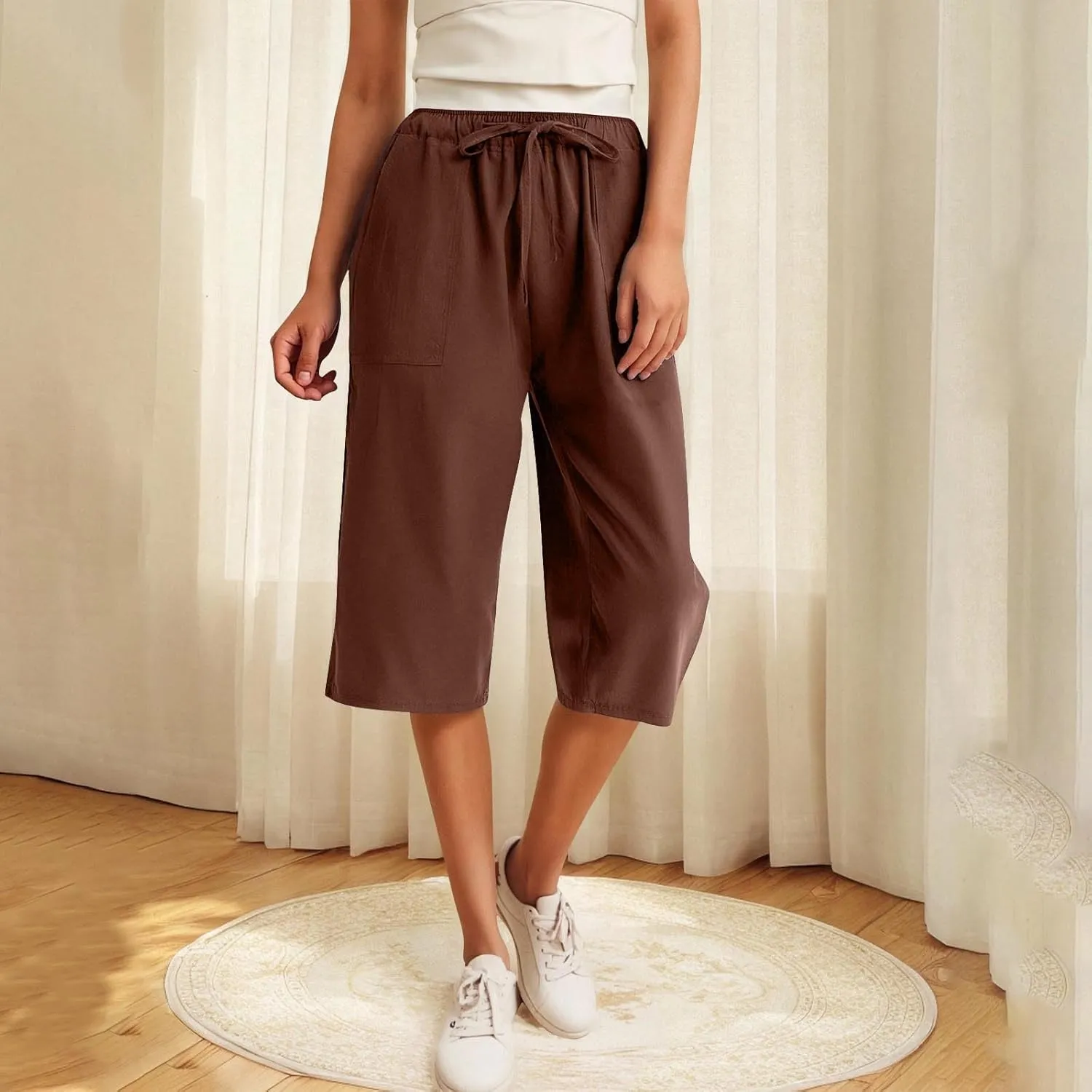 Linen Capri Pants for Women Casual Summer Plus Size Capris Drawstring High Waist Wide Leg Cropped Trouser with Pocket