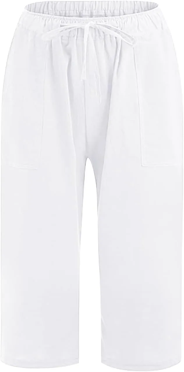 Linen Capri Pants for Women Casual Summer Plus Size Capris Drawstring High Waist Wide Leg Cropped Trouser with Pocket
