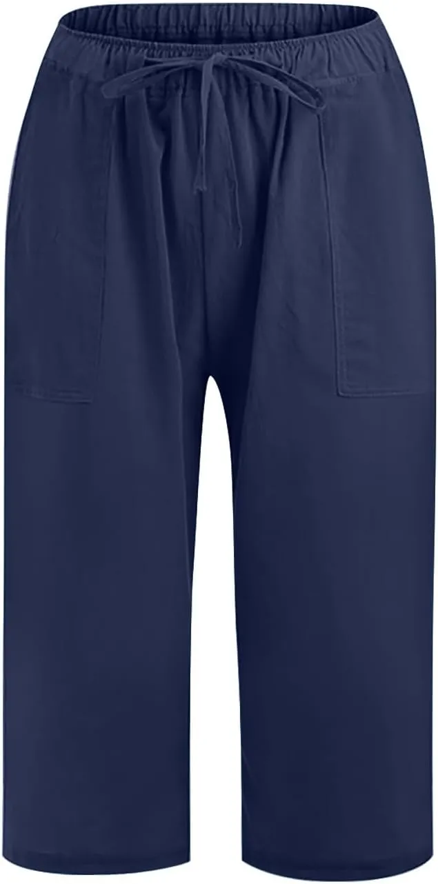 Linen Capri Pants for Women Casual Summer Plus Size Capris Drawstring High Waist Wide Leg Cropped Trouser with Pocket