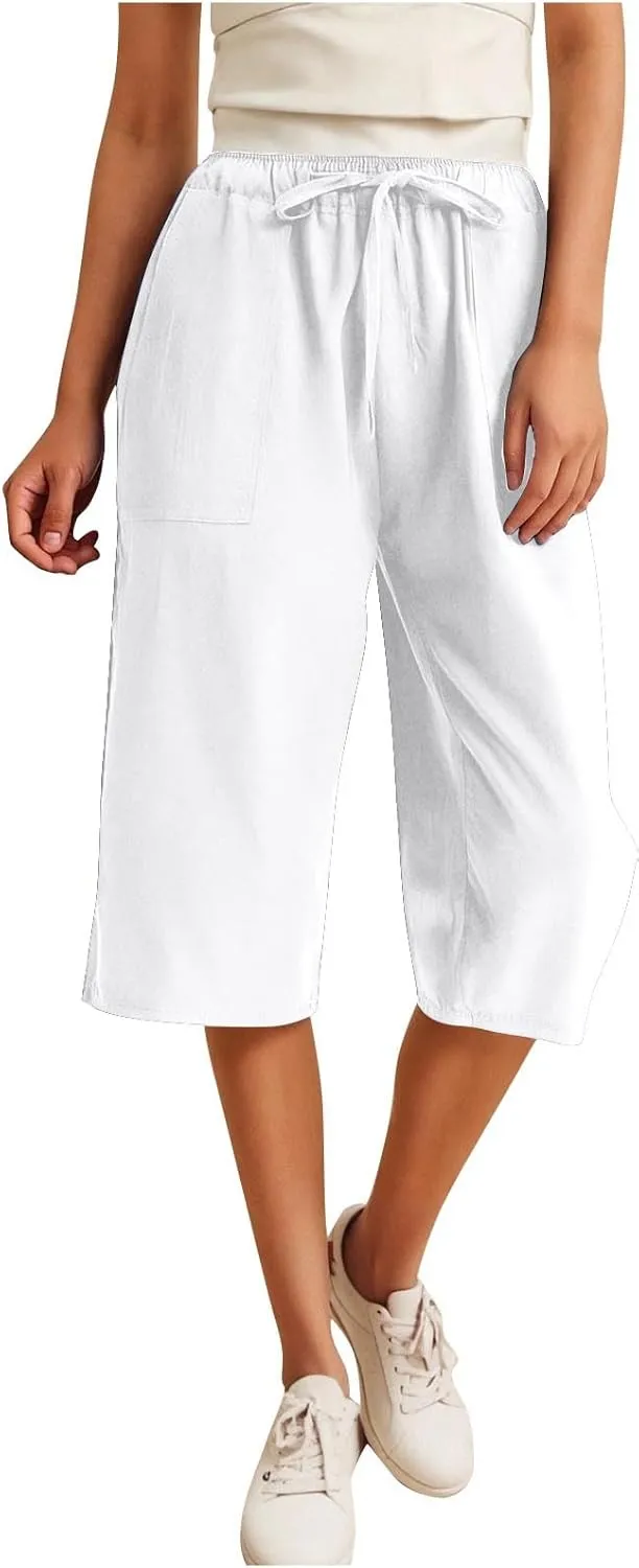 Linen Capri Pants for Women Casual Summer Plus Size Capris Drawstring High Waist Wide Leg Cropped Trouser with Pocket