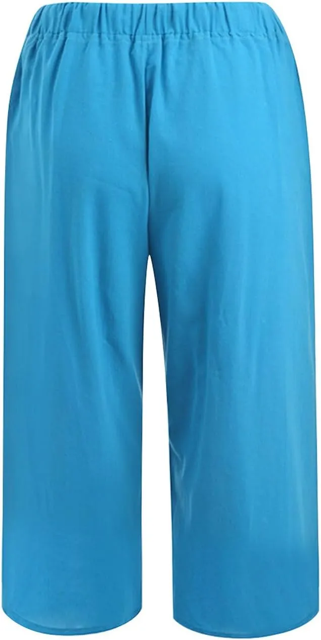 Linen Capri Pants for Women Casual Summer Plus Size Capris Drawstring High Waist Wide Leg Cropped Trouser with Pocket
