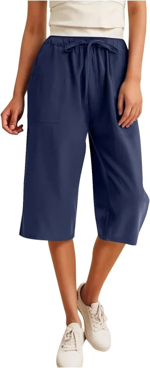 Linen Capri Pants for Women Casual Summer Plus Size Capris Drawstring High Waist Wide Leg Cropped Trouser with Pocket