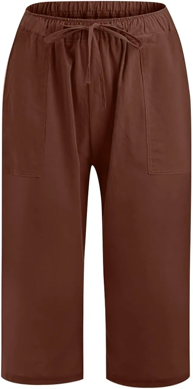 Linen Capri Pants for Women Casual Summer Plus Size Capris Drawstring High Waist Wide Leg Cropped Trouser with Pocket
