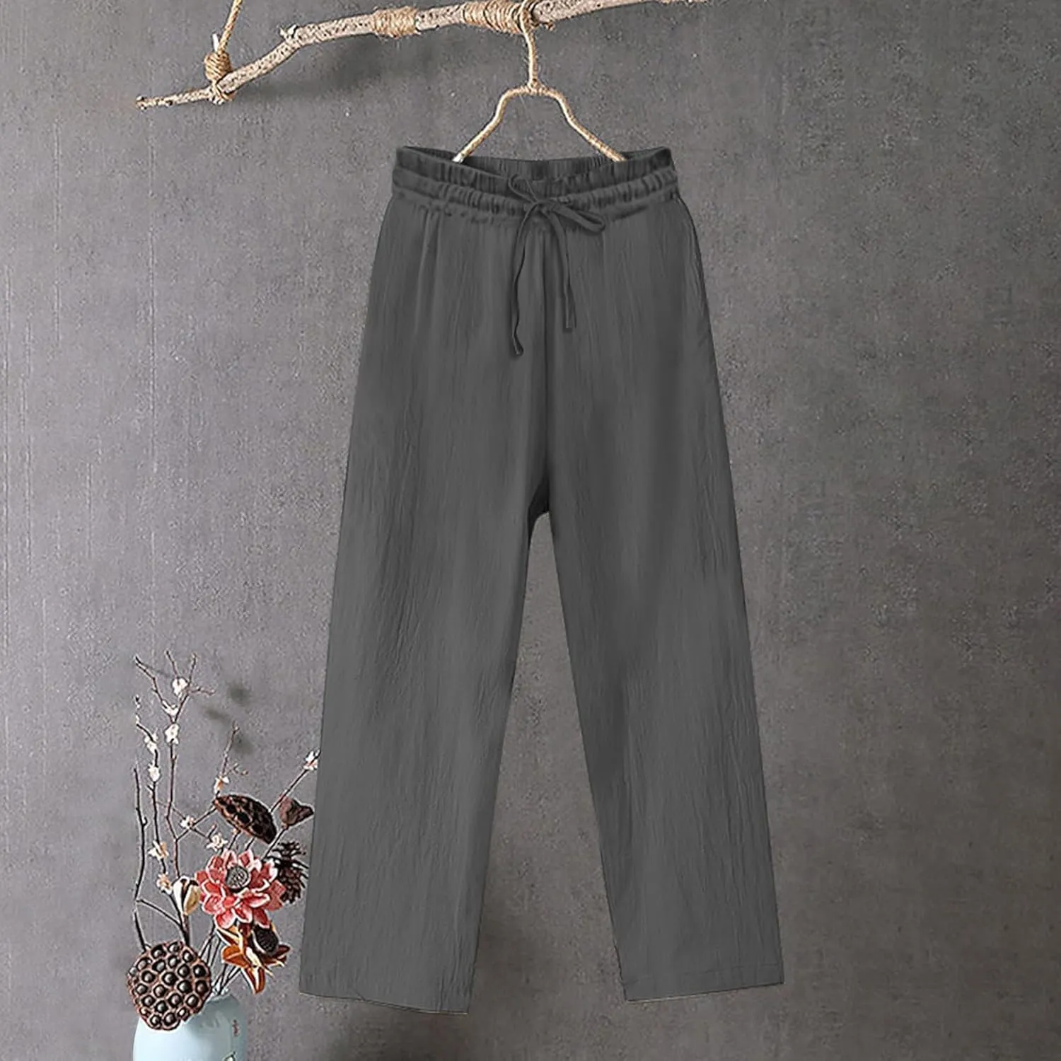 Linen Pants for Women High Waisted Wide Leg Flowy Trousers Drawstring Casual Summer Beach Vacation Pant