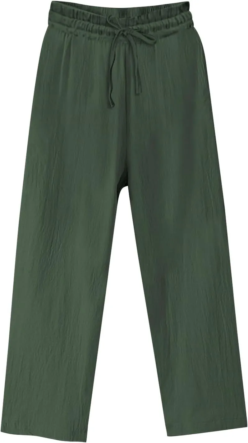 Linen Pants for Women High Waisted Wide Leg Flowy Trousers Drawstring Casual Summer Beach Vacation Pant