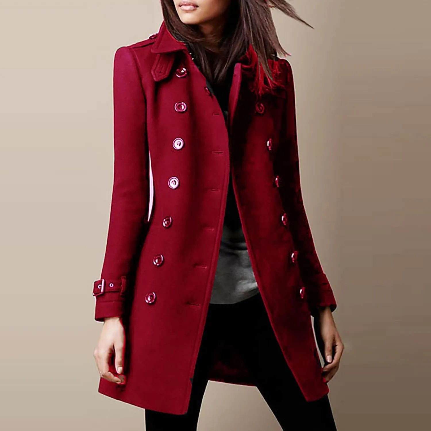 maisdgop Trench Coat for Women Long Sleeve Lapel Pea Coats Winter Double Breasted Windbreaker Casual Comfy Woolen Overcoat