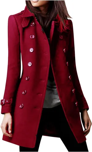 maisdgop Trench Coat for Women Long Sleeve Lapel Pea Coats Winter Double Breasted Windbreaker Casual Comfy Woolen Overcoat