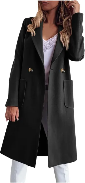 maisdgop Women's Trench Coat Winter Wool Blend Coats Trendy Double Breasted Lapel Jacket Open Front Windbreaker with Pockets
