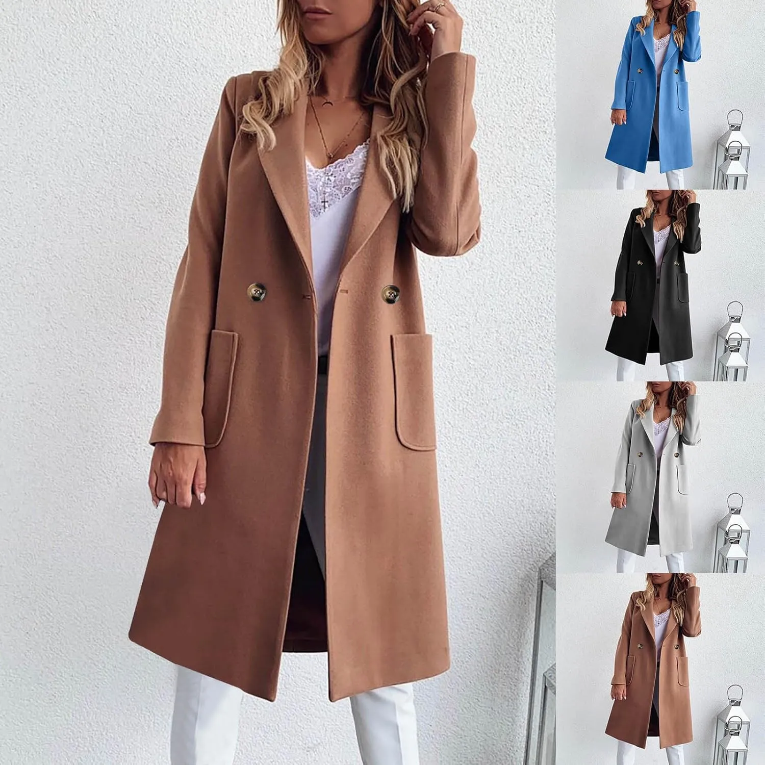 maisdgop Women's Trench Coat Winter Wool Blend Coats Trendy Double Breasted Lapel Jacket Open Front Windbreaker with Pockets