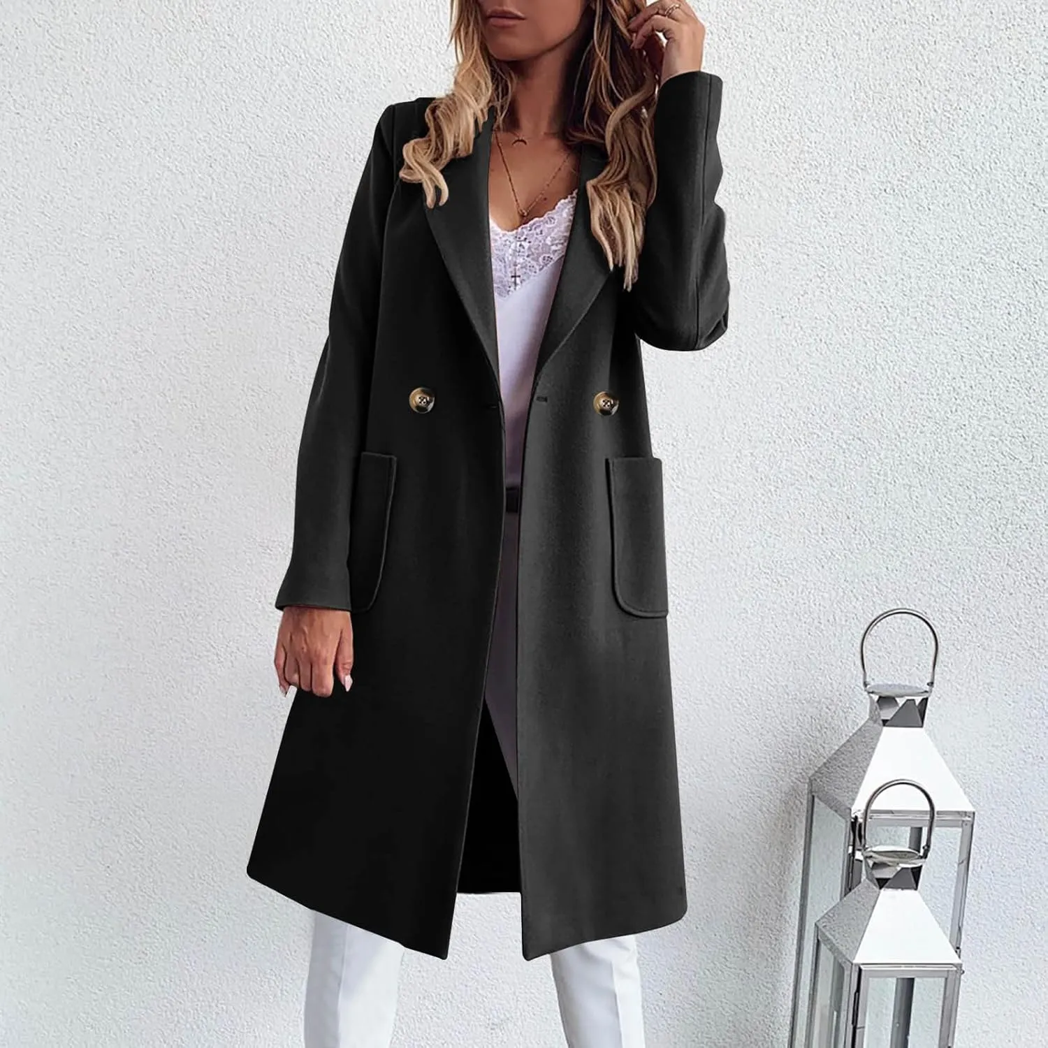 maisdgop Women's Trench Coat Winter Wool Blend Coats Trendy Double Breasted Lapel Jacket Open Front Windbreaker with Pockets