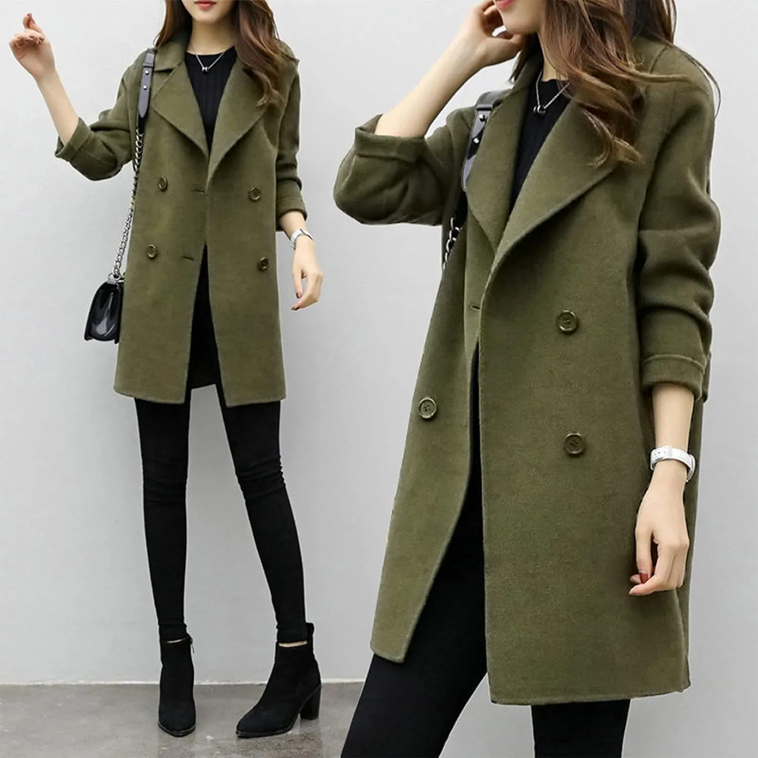 maisdgop Wool Trench Coat Women 2024 Fashion Button down Windbreaker Classic Belted Lapel Peacoats Winter Long Sleeve Coats