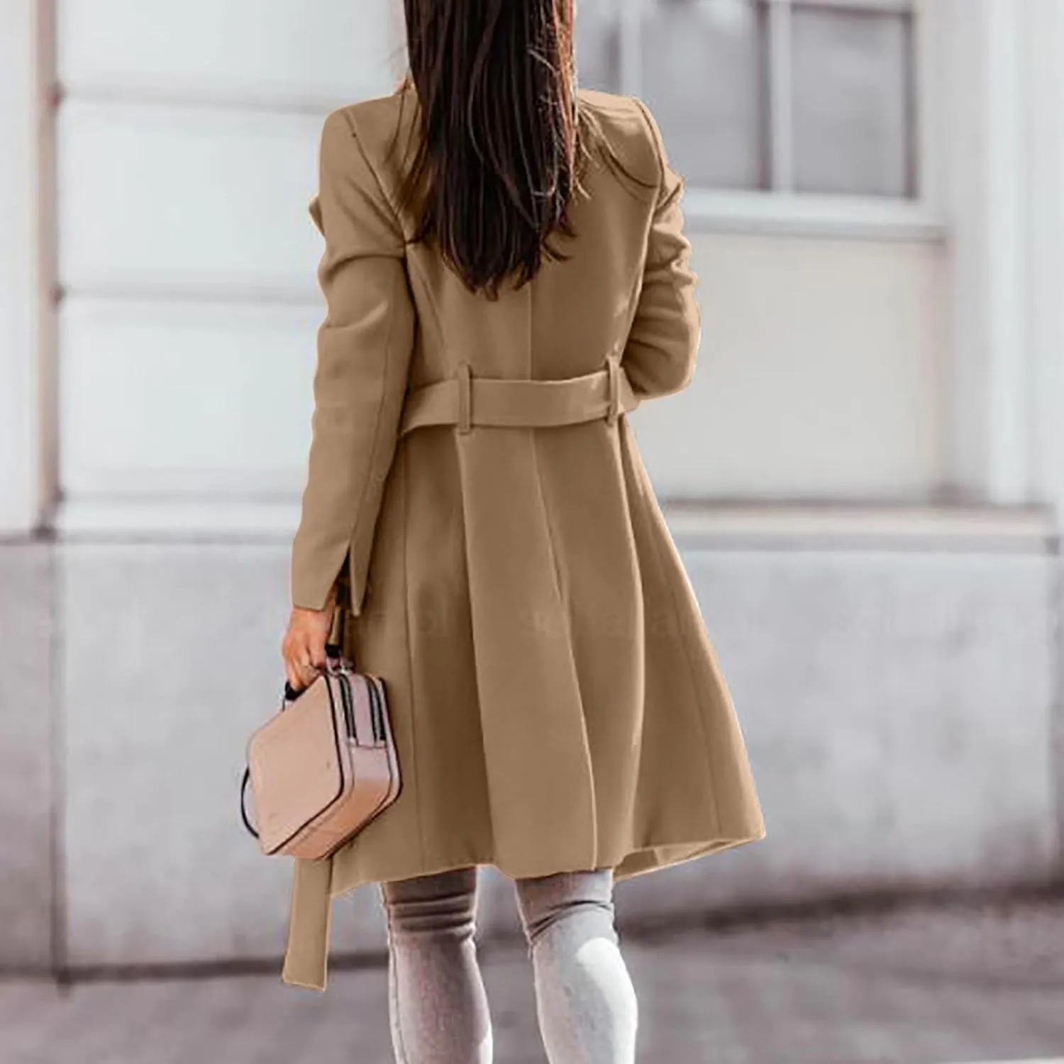 maisdgop Wool Trench Coat Women 2024 Fashion Button down Windbreaker Classic Belted Lapel Peacoats Winter Long Sleeve Coats