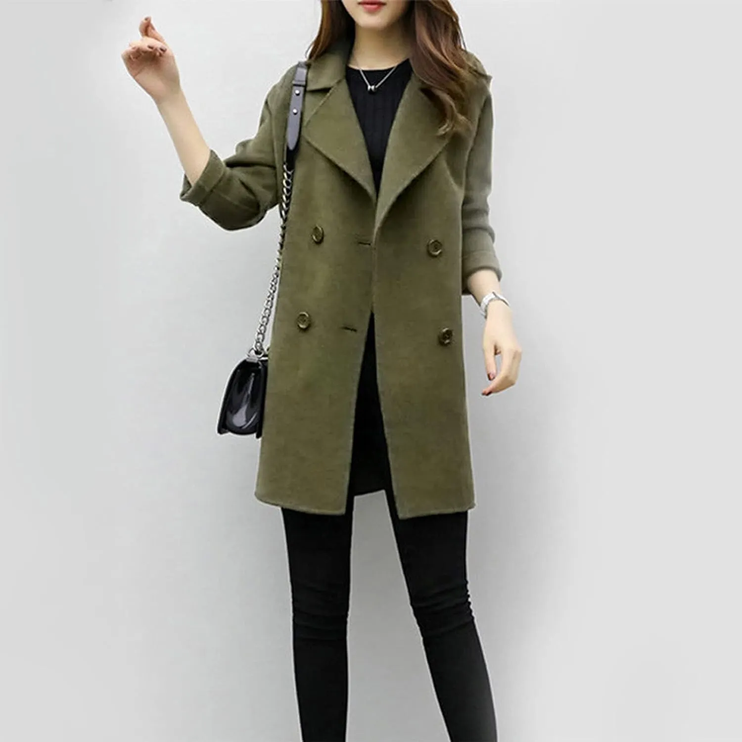 maisdgop Wool Trench Coat Women 2024 Fashion Button down Windbreaker Classic Belted Lapel Peacoats Winter Long Sleeve Coats