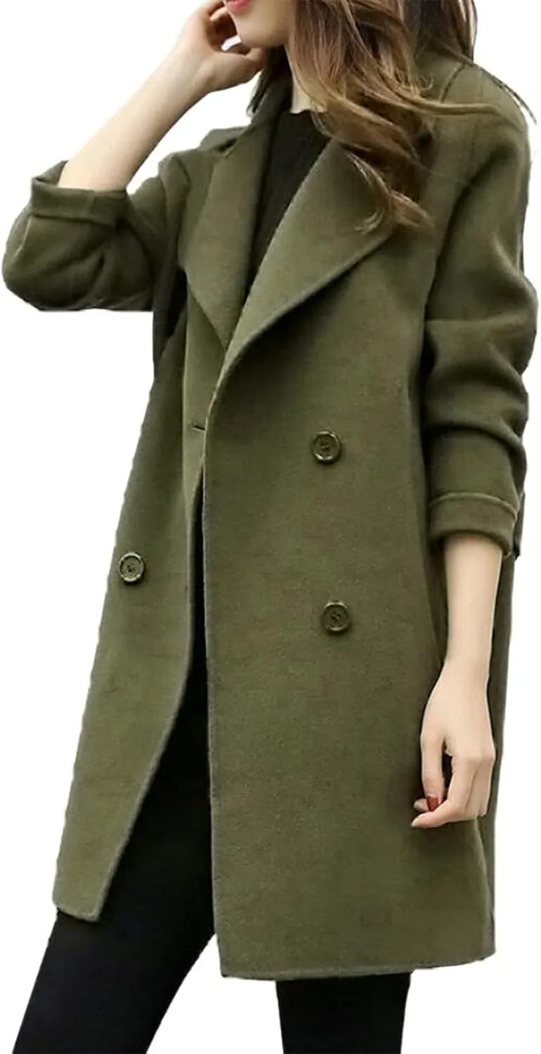 maisdgop Wool Trench Coat Women 2024 Fashion Button down Windbreaker Classic Belted Lapel Peacoats Winter Long Sleeve Coats