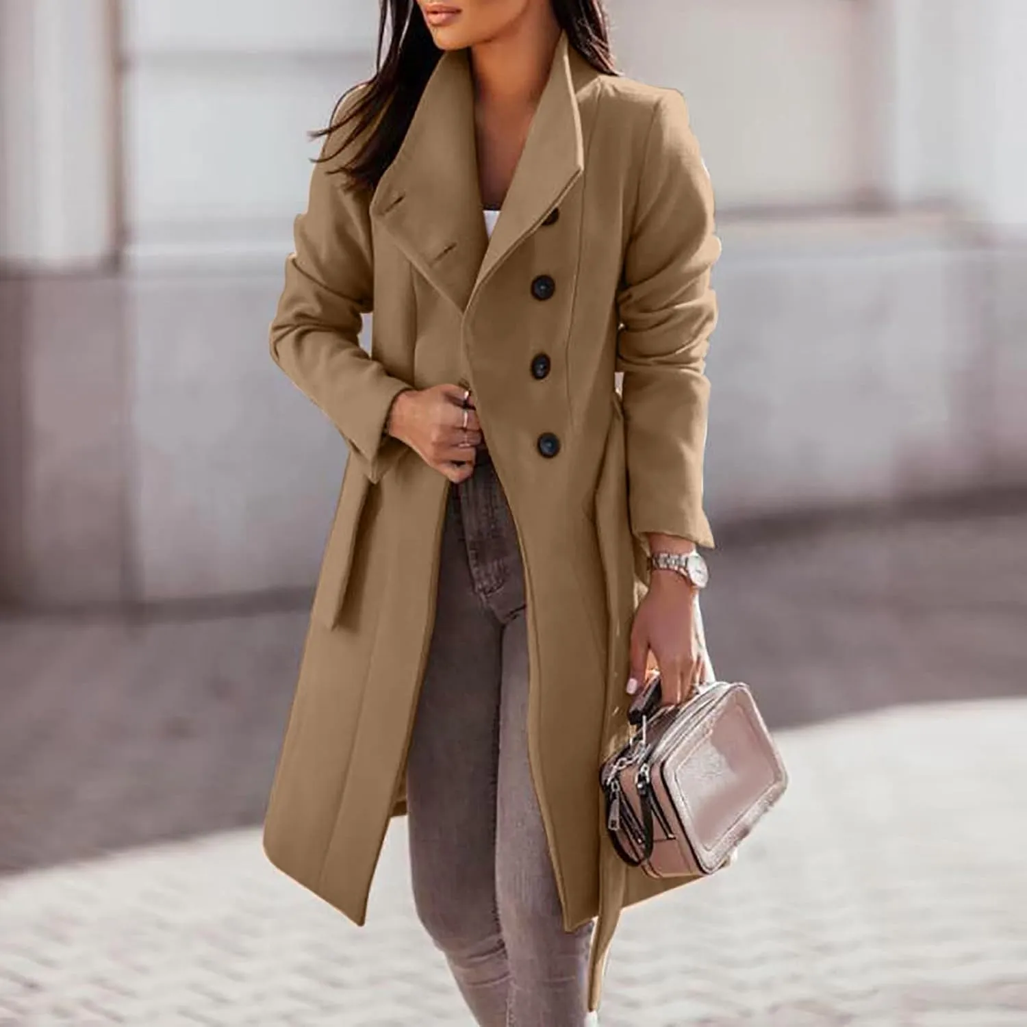 maisdgop Wool Trench Coat Women 2024 Fashion Button down Windbreaker Classic Belted Lapel Peacoats Winter Long Sleeve Coats