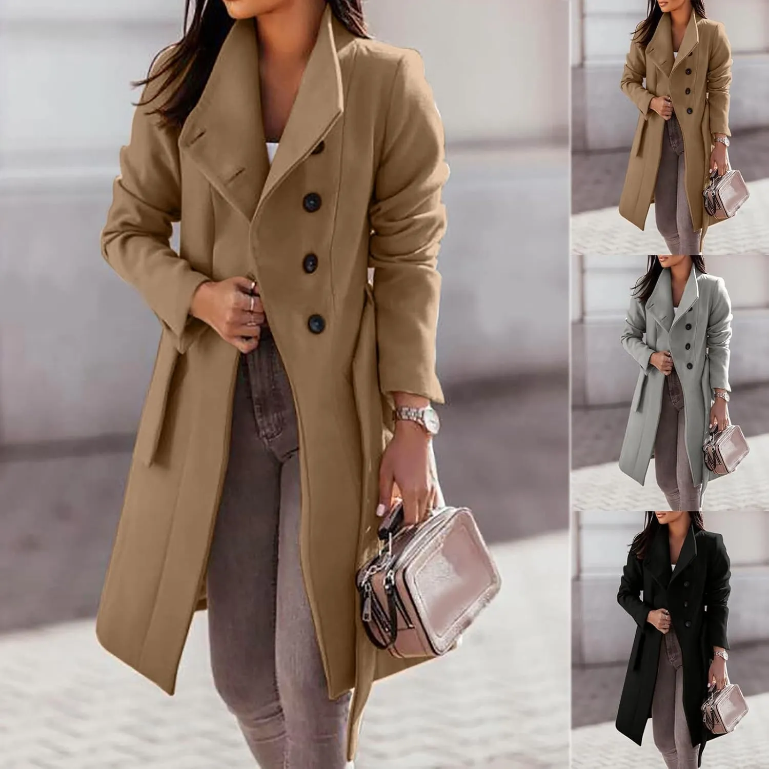 maisdgop Wool Trench Coat Women 2024 Fashion Button down Windbreaker Classic Belted Lapel Peacoats Winter Long Sleeve Coats