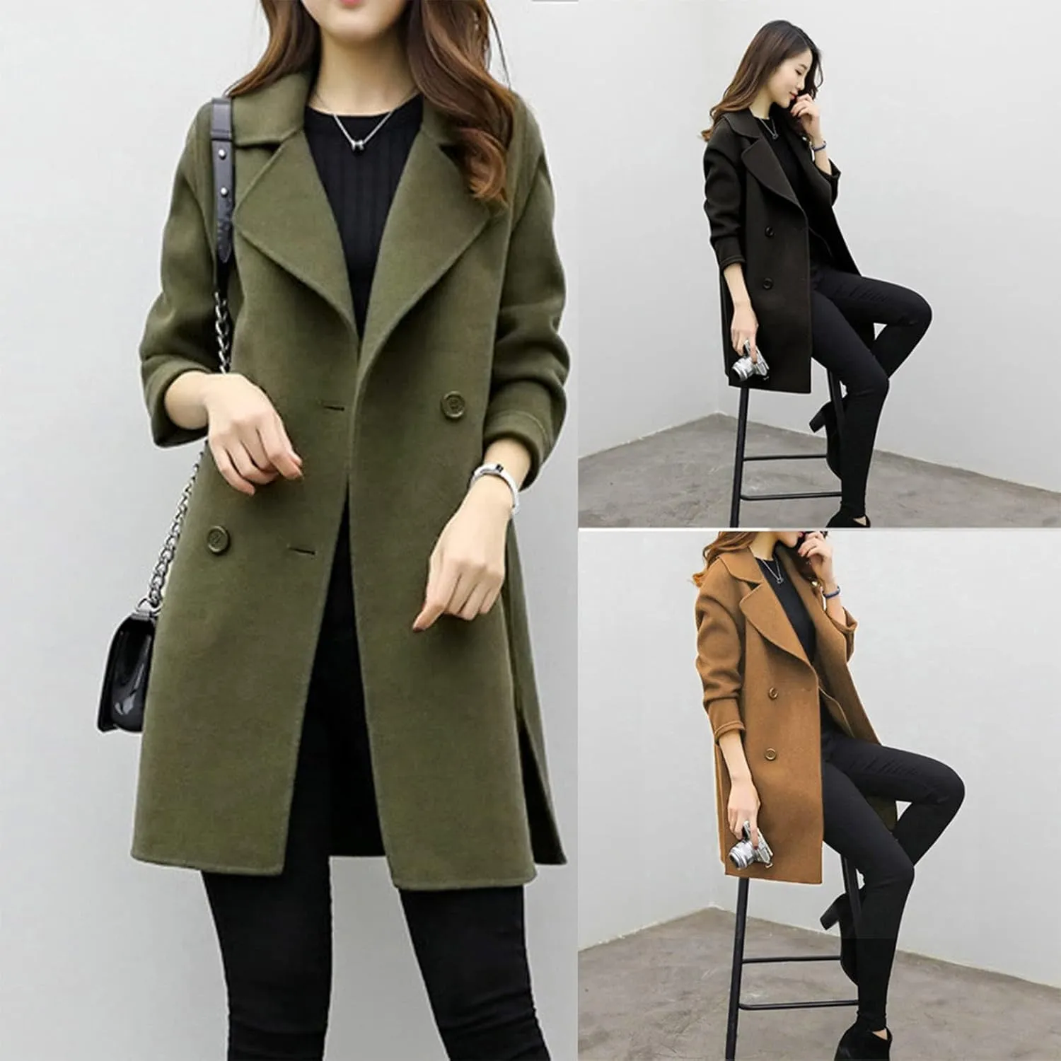 maisdgop Wool Trench Coat Women 2024 Fashion Button down Windbreaker Classic Belted Lapel Peacoats Winter Long Sleeve Coats