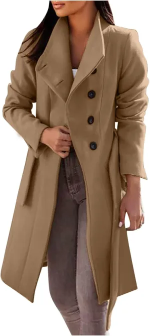 maisdgop Wool Trench Coat Women 2024 Fashion Button down Windbreaker Classic Belted Lapel Peacoats Winter Long Sleeve Coats