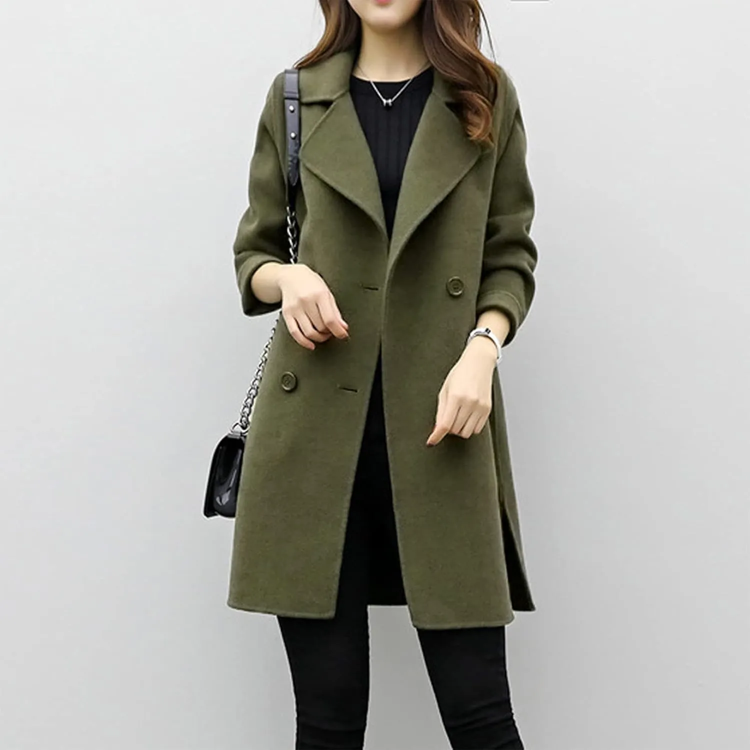maisdgop Wool Trench Coat Women 2024 Fashion Button down Windbreaker Classic Belted Lapel Peacoats Winter Long Sleeve Coats