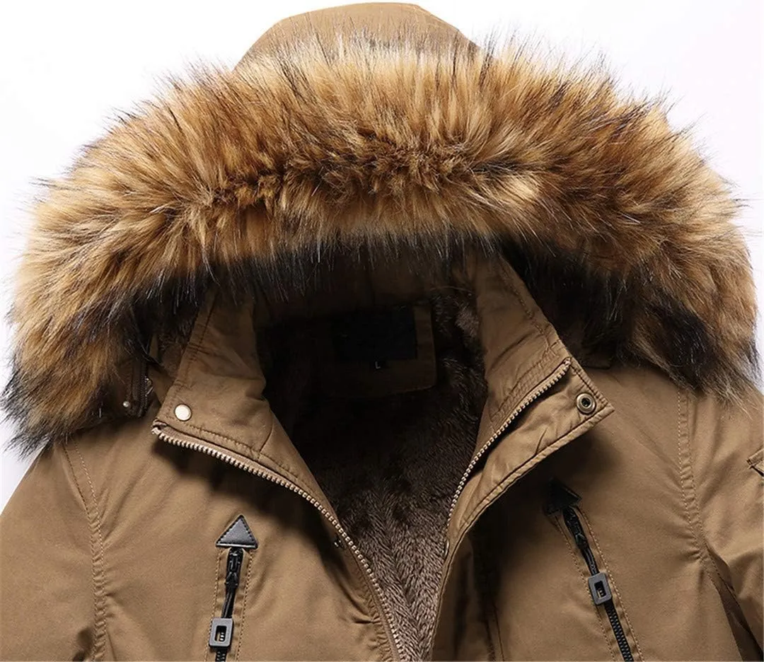 Men Winter Long Parkas Coats,Fur Collar Hooded Cotton Padded Male Velvet Warm Jacket Outdoor Windproof Overcoats