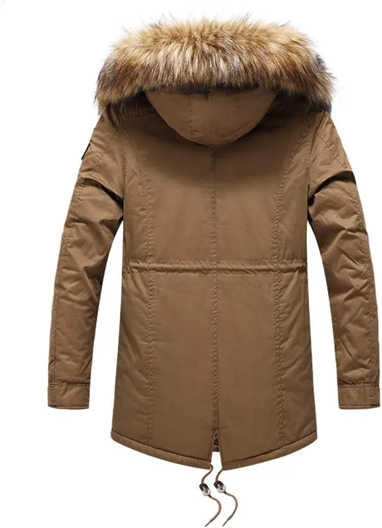 Men Winter Long Parkas Coats,Fur Collar Hooded Cotton Padded Male Velvet Warm Jacket Outdoor Windproof Overcoats