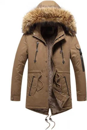 Men Winter Long Parkas Coats,Fur Collar Hooded Cotton Padded Male Velvet Warm Jacket Outdoor Windproof Overcoats