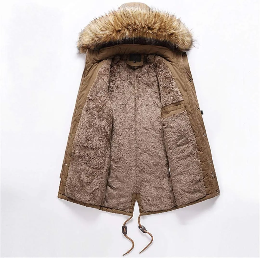 Men Winter Long Parkas Coats,Fur Collar Hooded Cotton Padded Male Velvet Warm Jacket Outdoor Windproof Overcoats