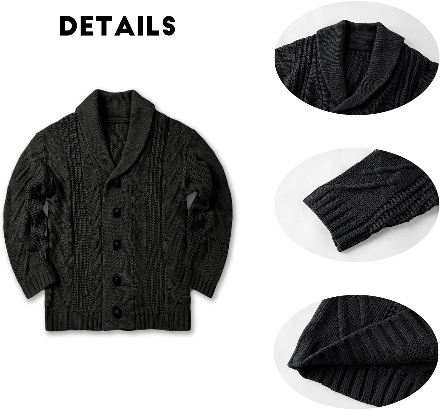 Mens Cable Knit Cardigan Sweater Shawl Collar Loose Fit Long Sleeve Casual Cardigans