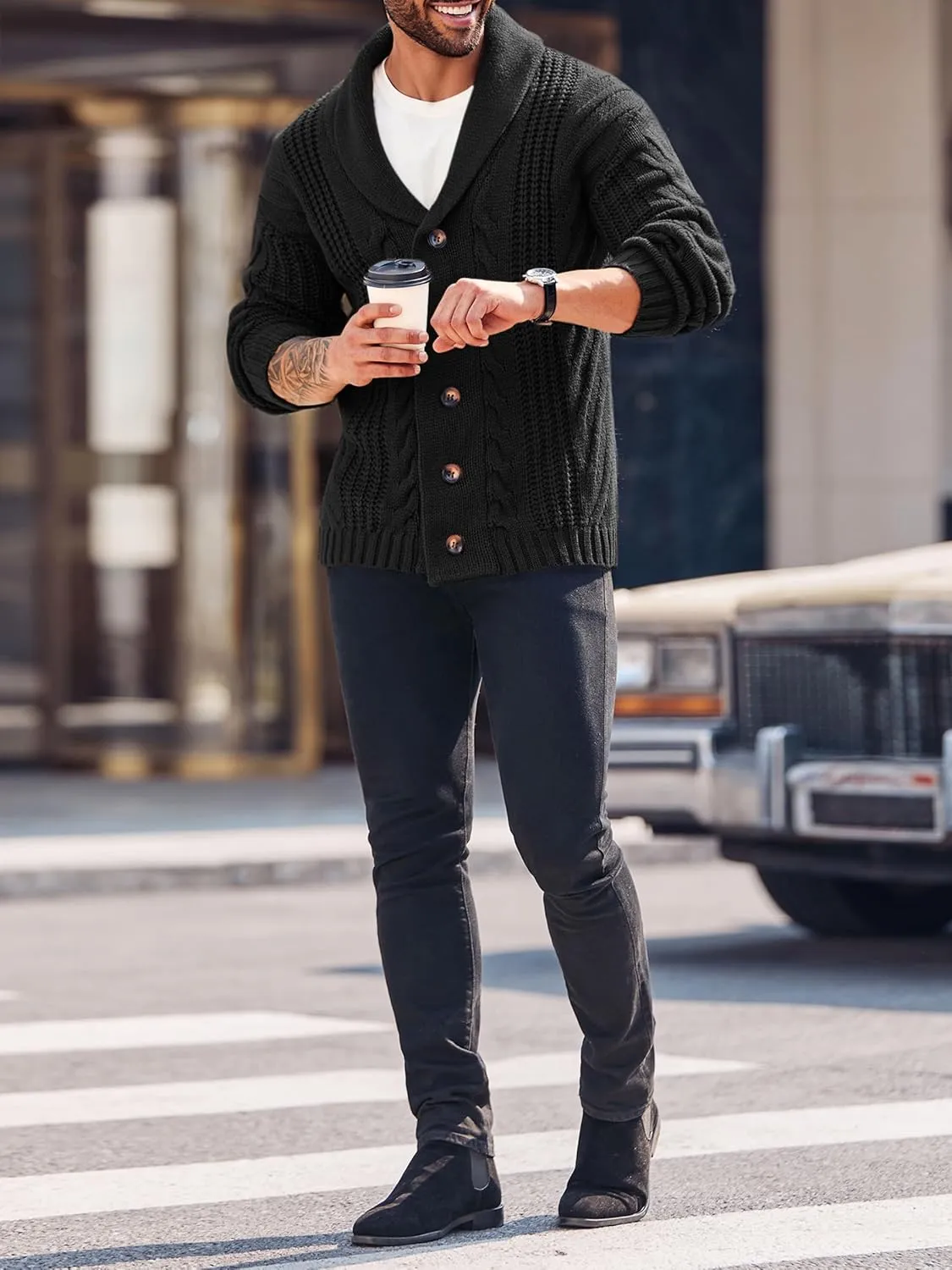 Mens Cable Knit Cardigan Sweater Shawl Collar Loose Fit Long Sleeve Casual Cardigans