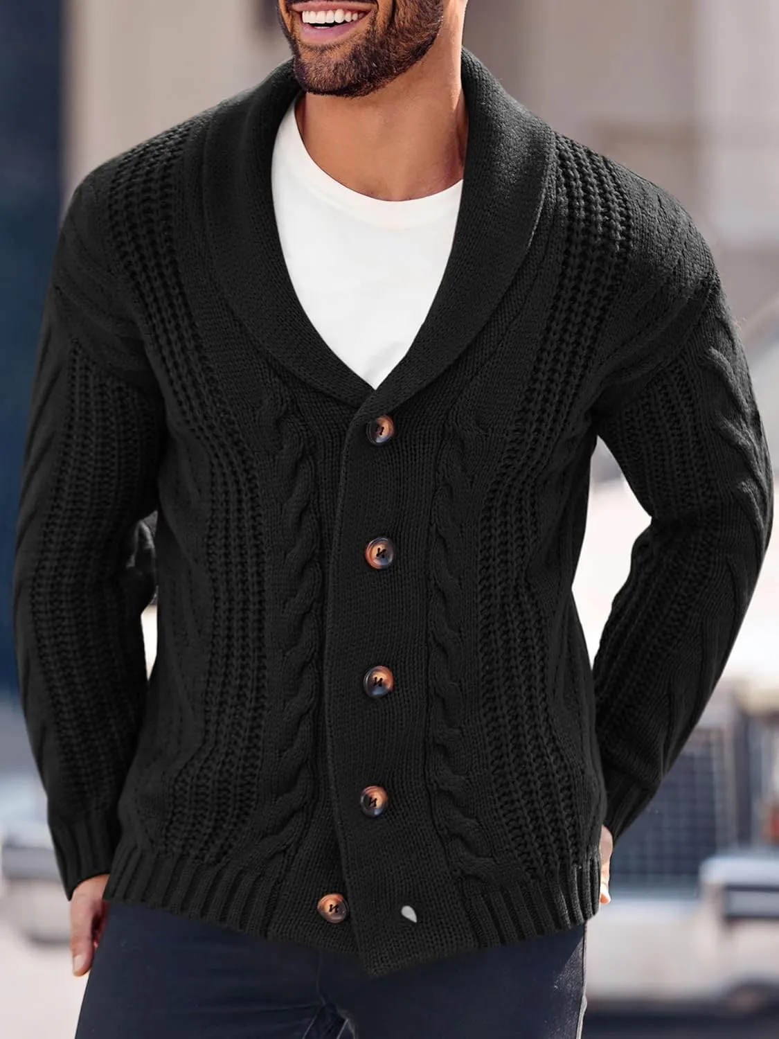 Mens Cable Knit Cardigan Sweater Shawl Collar Loose Fit Long Sleeve Casual Cardigans