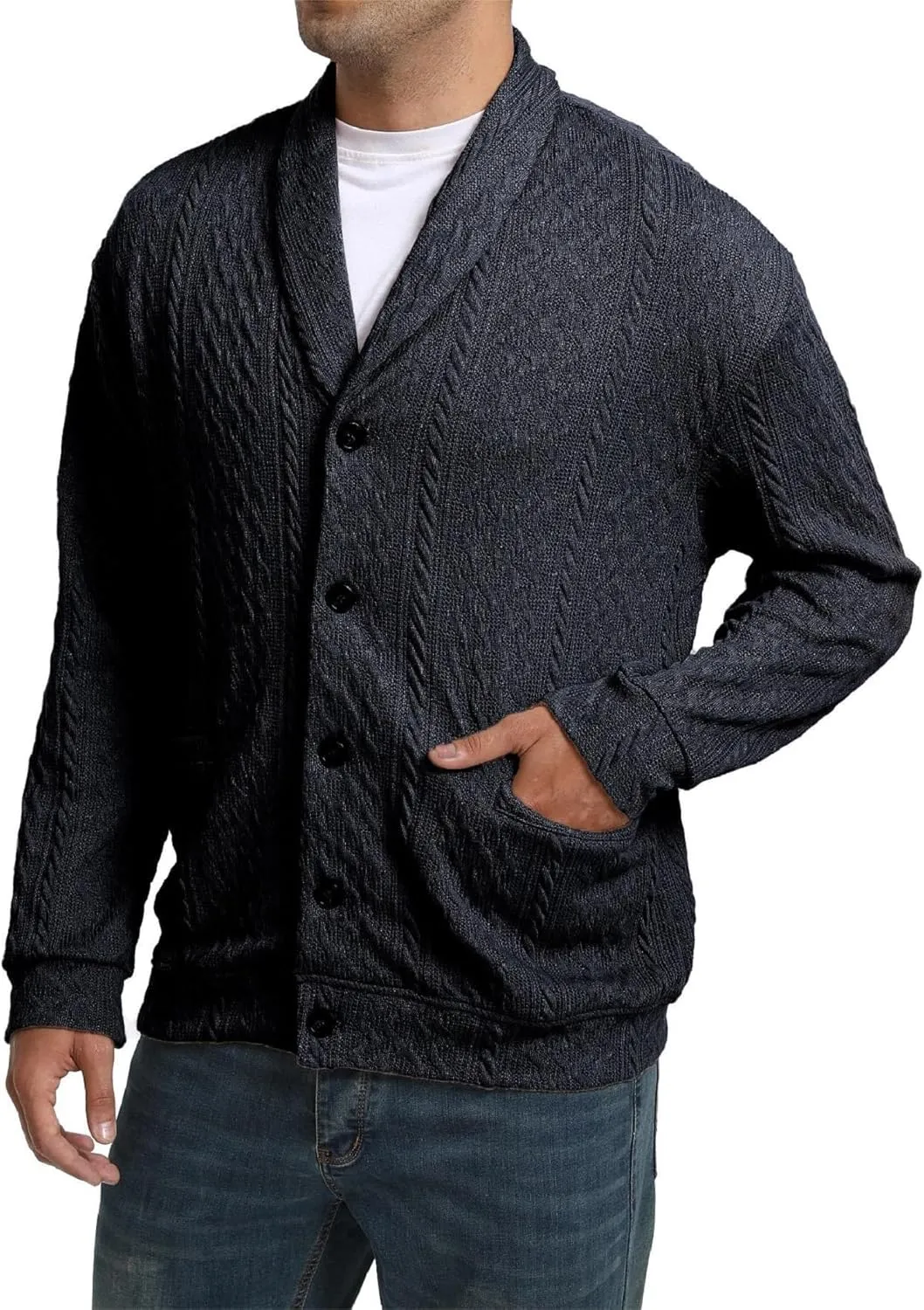 Mens Cardigan Outwear Casual Shawl Collar Open Front Button Down Sweaters with Pockets