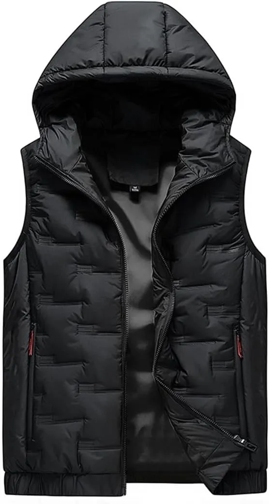 Mens Hooded Coats Sleeveless Jacket Warm Thick Cotton-Padded Work Waistcoat Gilet Down Vest black L