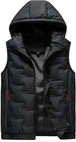 Mens Hooded Coats Sleeveless Jacket Warm Thick Cotton-Padded Work Waistcoat Gilet Down Vest black L