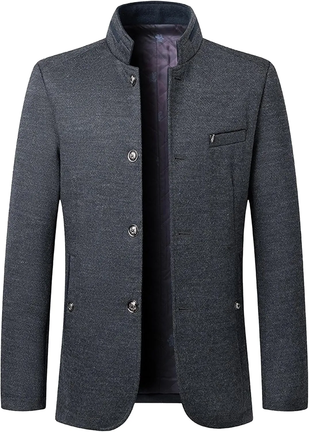 Mens Wool Blend Blazer Jacket Single Breasted Business Blazer Jacket Stand Collar Wool Blend Coat Wih Pockets