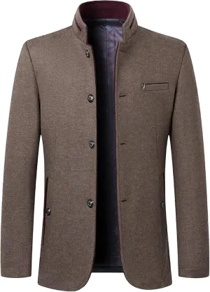 Mens Wool Blend Blazer Jacket Single Breasted Business Blazer Jacket Stand Collar Wool Blend Coat Wih Pockets