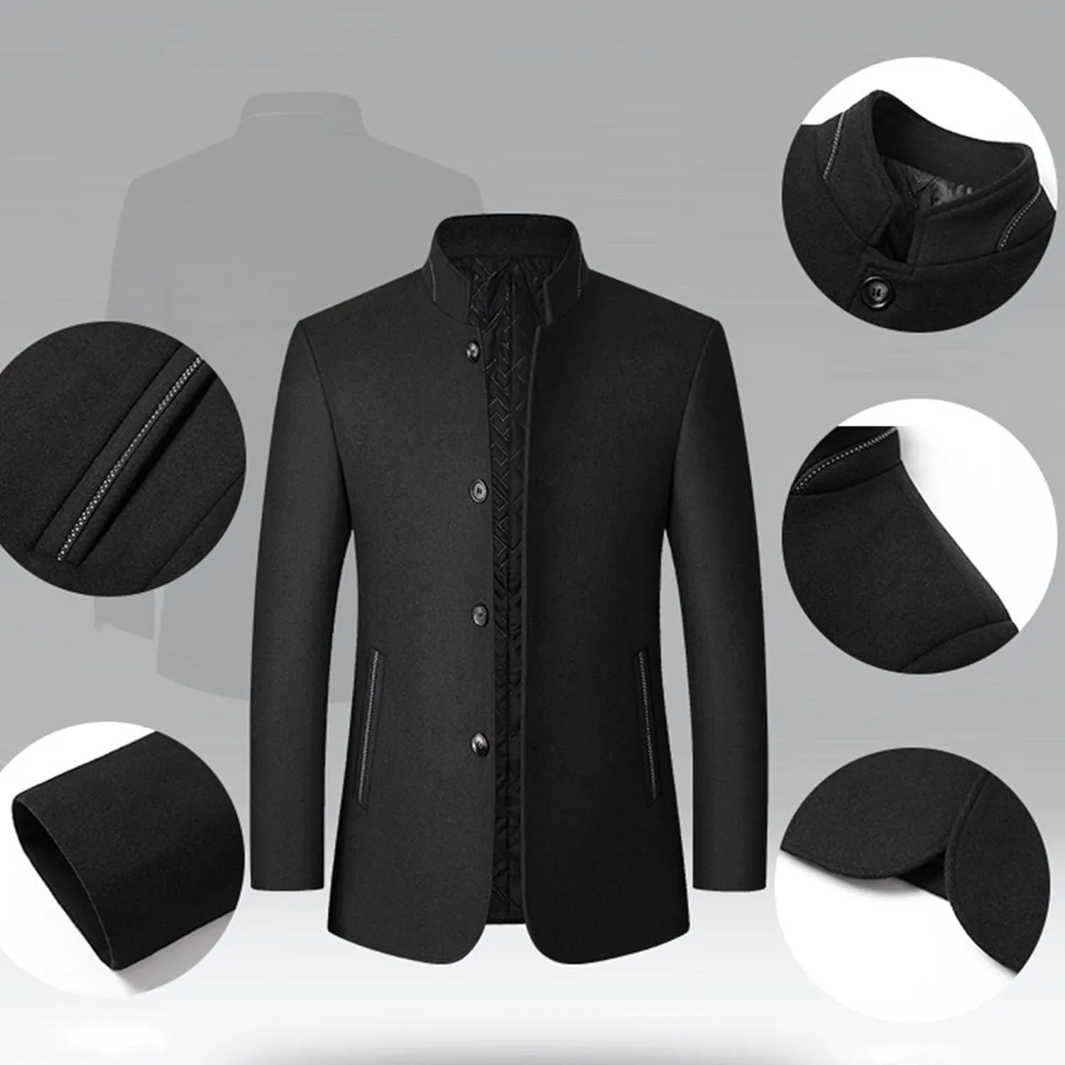 Mens Wool Blend Blazer Jacket Single Breasted Business Blazer Jacket Stand Collar Wool Blend Coat Wih Pockets