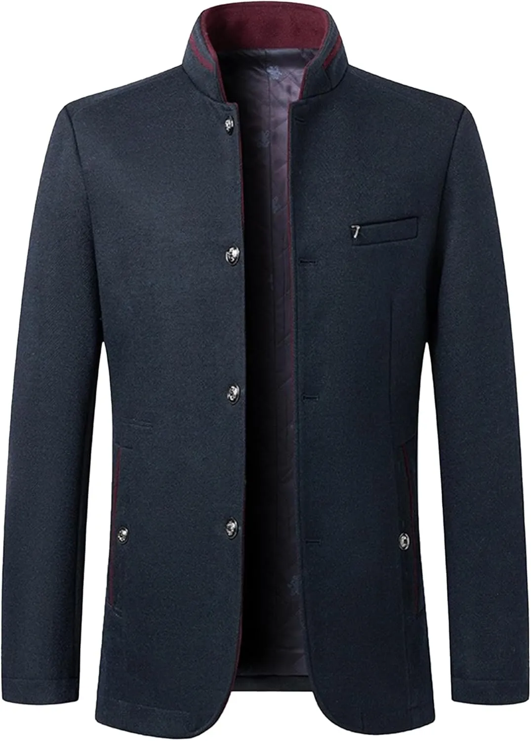 Mens Wool Blend Blazer Jacket Single Breasted Business Blazer Jacket Stand Collar Wool Blend Coat Wih Pockets