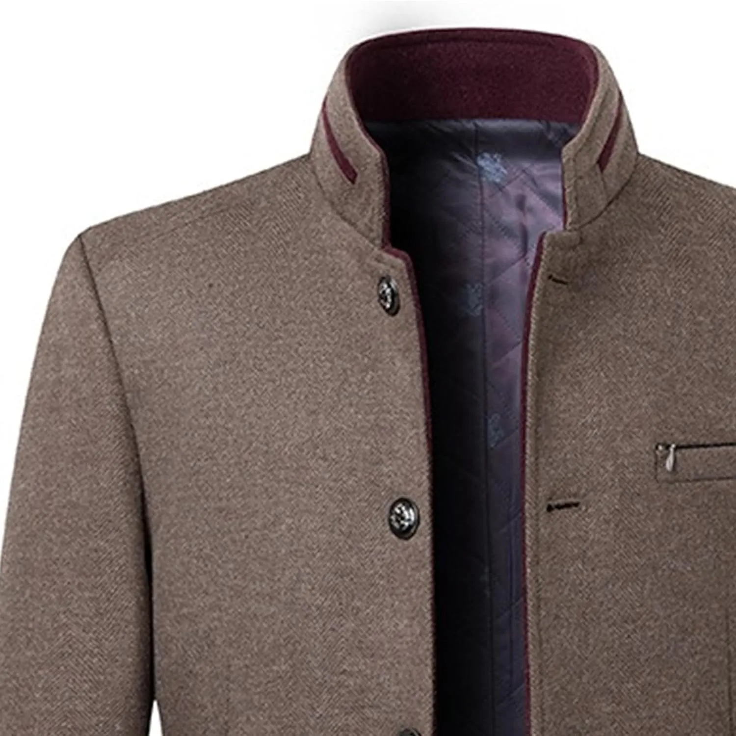 Mens Wool Blend Blazer Jacket Single Breasted Business Blazer Jacket Stand Collar Wool Blend Coat Wih Pockets