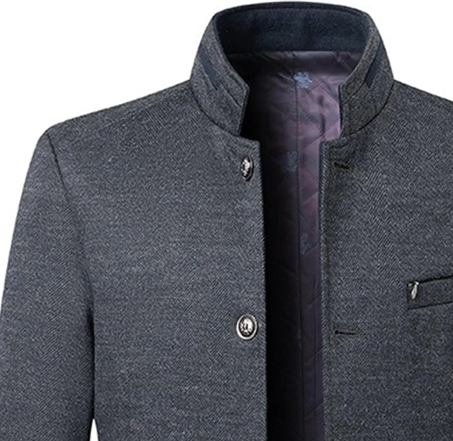 Mens Wool Blend Blazer Jacket Single Breasted Business Blazer Jacket Stand Collar Wool Blend Coat Wih Pockets