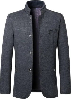 Mens Wool Blend Blazer Jacket Single Breasted Business Blazer Jacket Stand Collar Wool Blend Coat Wih Pockets