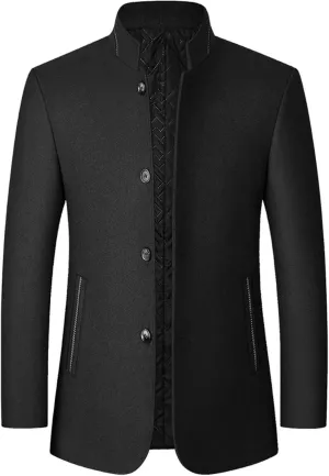 Mens Wool Blend Blazer Jacket Single Breasted Business Blazer Jacket Stand Collar Wool Blend Coat Wih Pockets