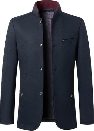 Mens Wool Blend Blazer Jacket Single Breasted Business Blazer Jacket Stand Collar Wool Blend Coat Wih Pockets