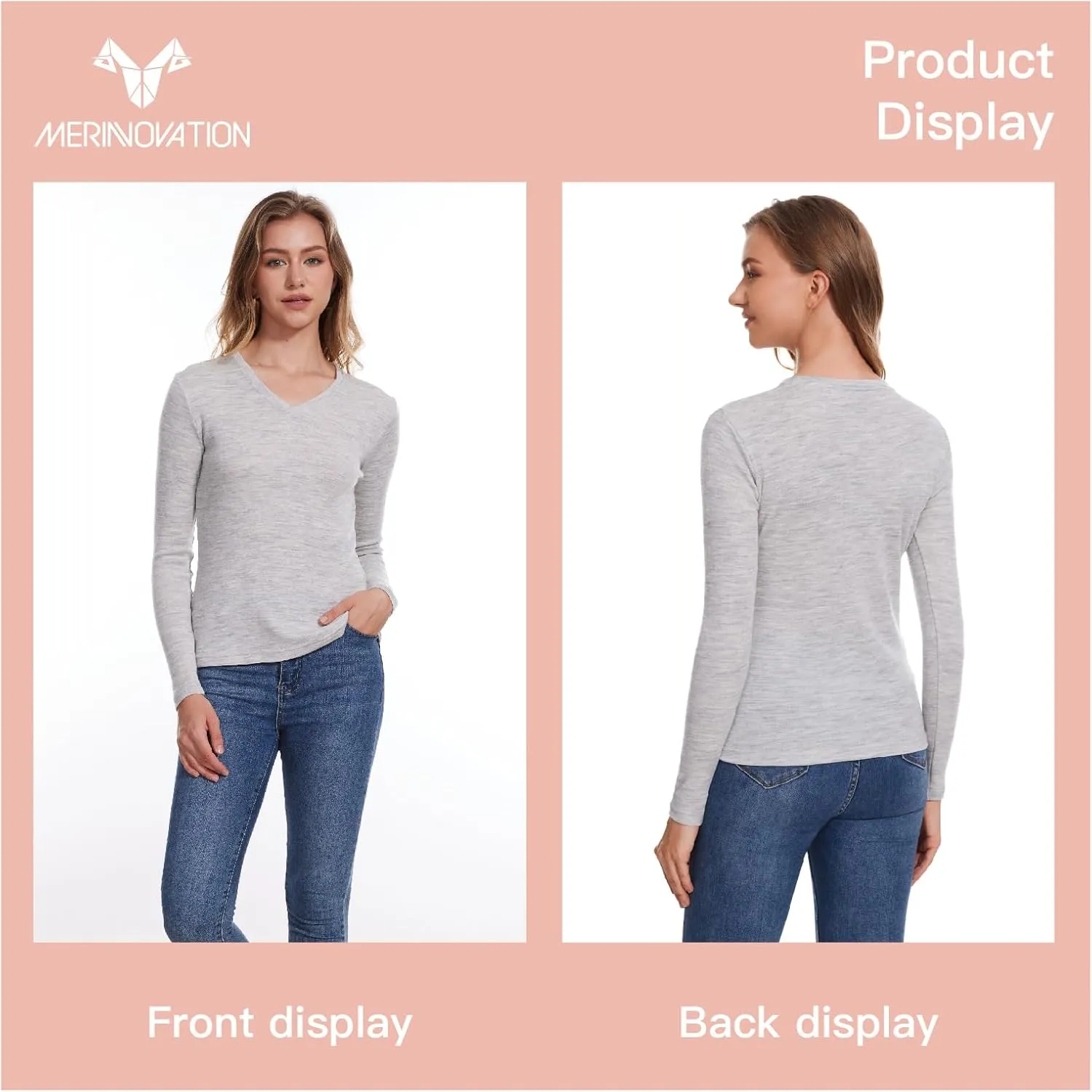 Merino Wool Base Layer Women 100% Merino Wool Long Sleeve Thermal Shirts for Women for Skiing Hiking Womens V Neck Top