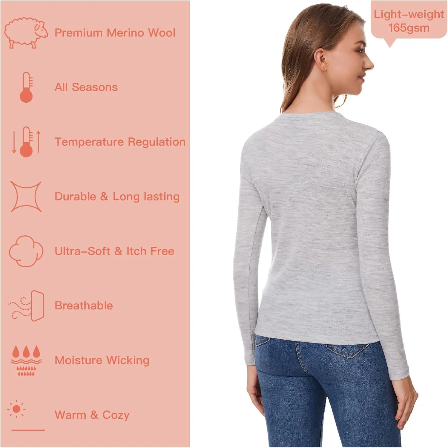 Merino Wool Base Layer Women 100% Merino Wool Long Sleeve Thermal Shirts for Women for Skiing Hiking Womens V Neck Top