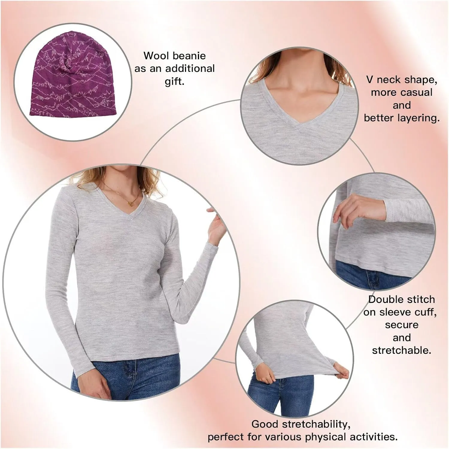 Merino Wool Base Layer Women 100% Merino Wool Long Sleeve Thermal Shirts for Women for Skiing Hiking Womens V Neck Top