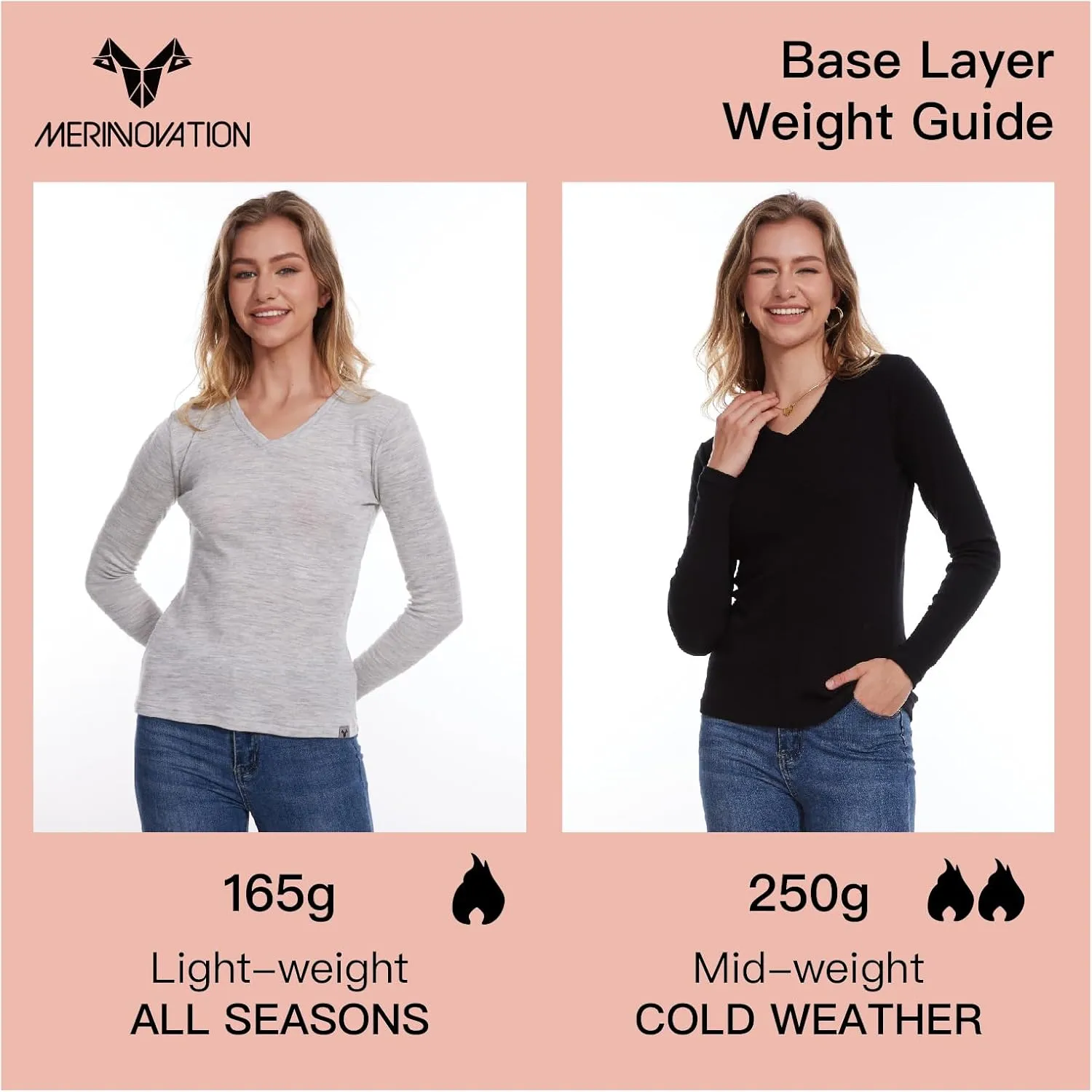 Merino Wool Base Layer Women 100% Merino Wool Long Sleeve Thermal Shirts for Women for Skiing Hiking Womens V Neck Top
