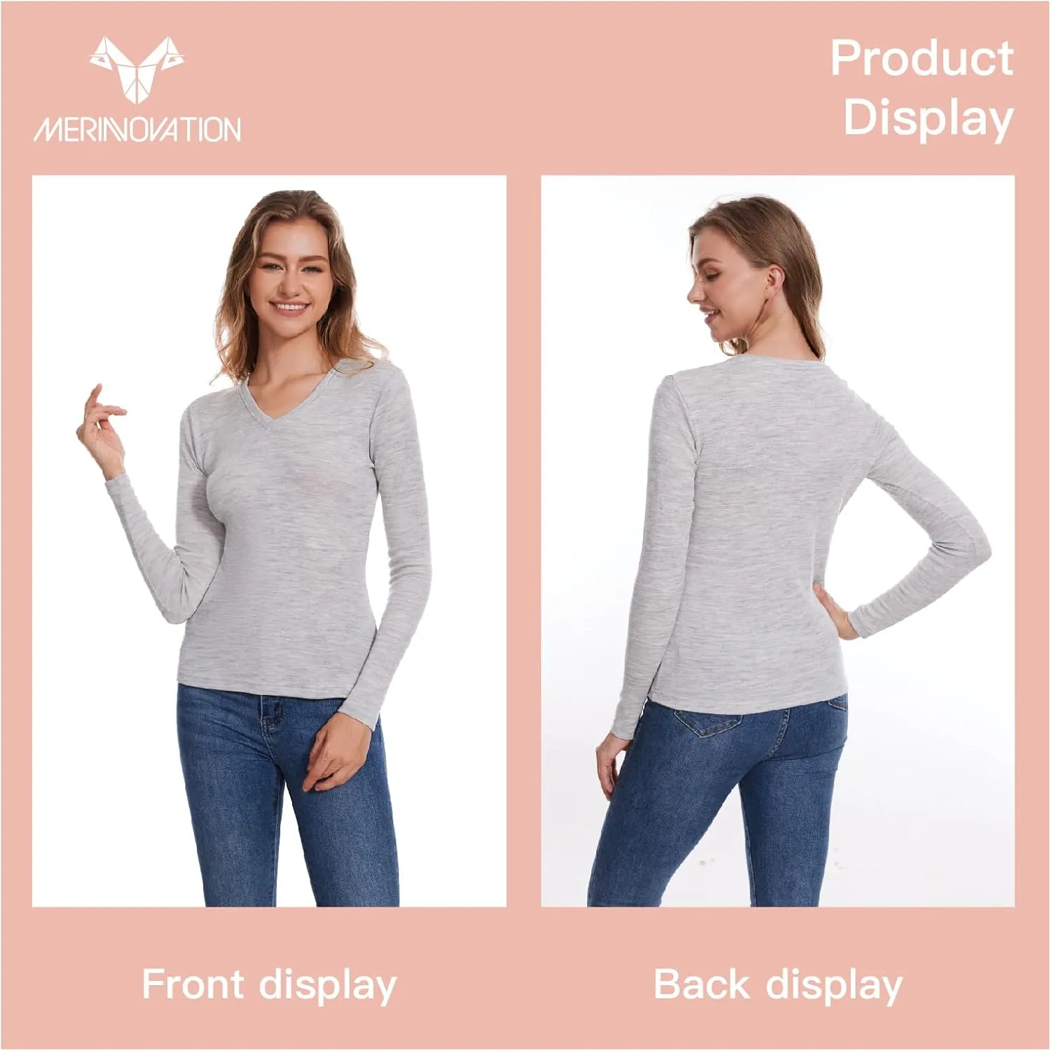 Merino Wool Base Layer Women 100% Merino Wool Long Sleeve Thermal Shirts for Women for Skiing Hiking Womens V Neck Top