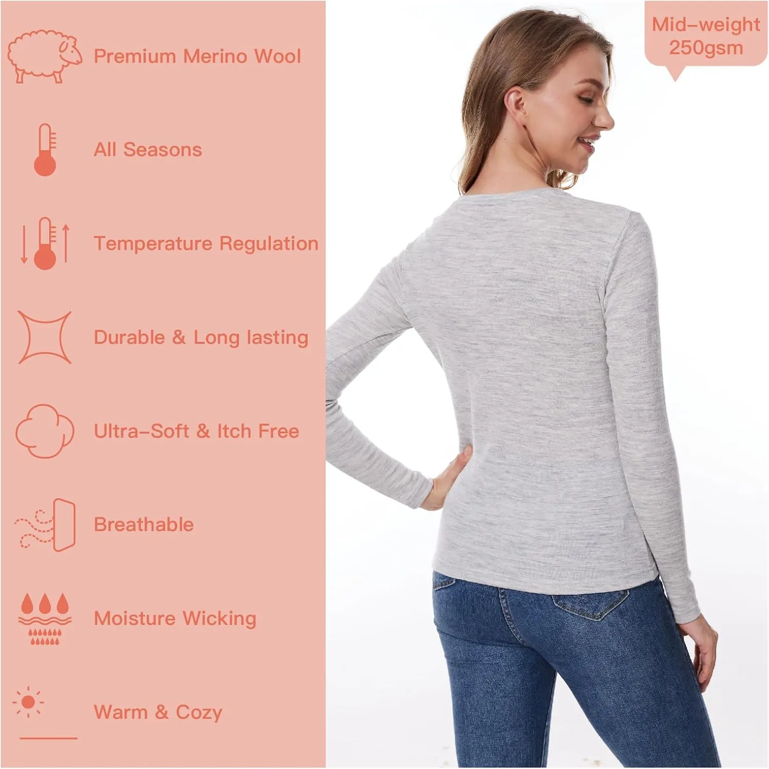 Merino Wool Base Layer Women 100% Merino Wool Long Sleeve Thermal Shirts for Women for Skiing Hiking Womens V Neck Top